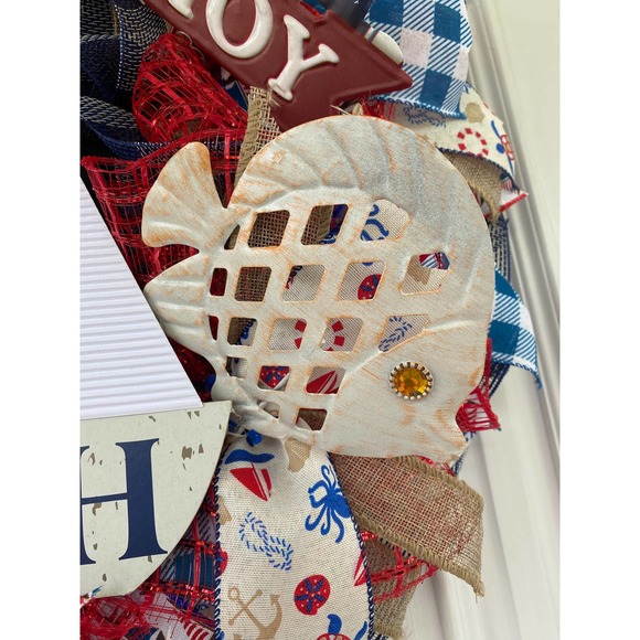 Coastal Sailboat Ahoy Anchor Beach Seashells Fish Summer Deco Mesh Ribbon Wreath - Picture 2 of 9